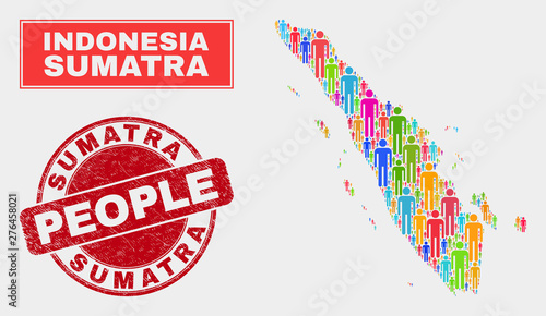 Demographic Sumatra map illustration. People colorful mosaic Sumatra map of guys, and red rounded rubber seal. Vector combination for population group presentation.