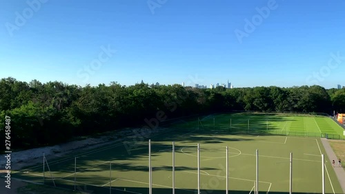 View from the Commerzbank Arena to the skyline and football fields of Frankfurt, Germany. photo