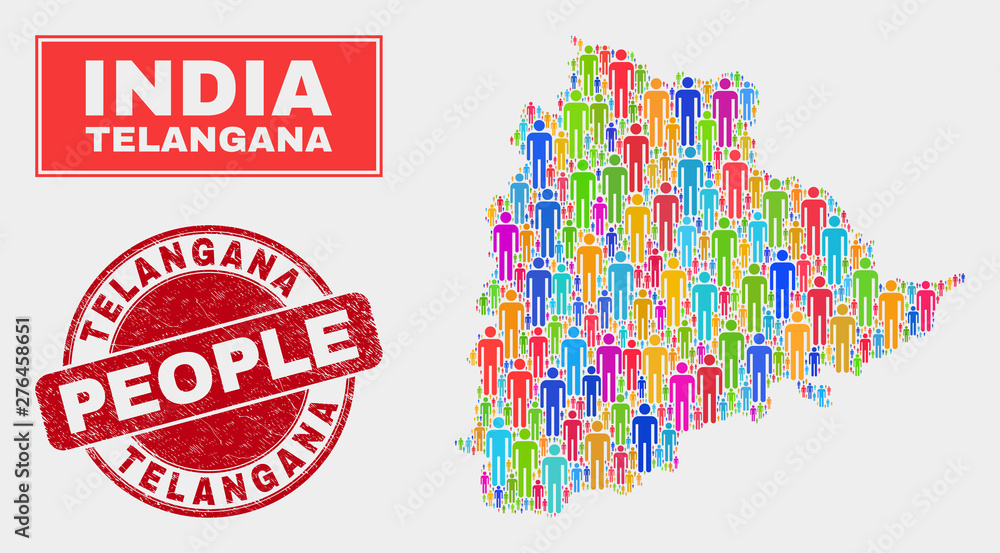 Demographic Telangana State map abstraction. People color mosaic Telangana State map of humans, and red rounded rubber stamp. Vector collage for national public report. Demographic Telangana State map abstraction. People color mosaic Telangana State map of humans, and red rounded rubber stamp. Vector collage for national public report.