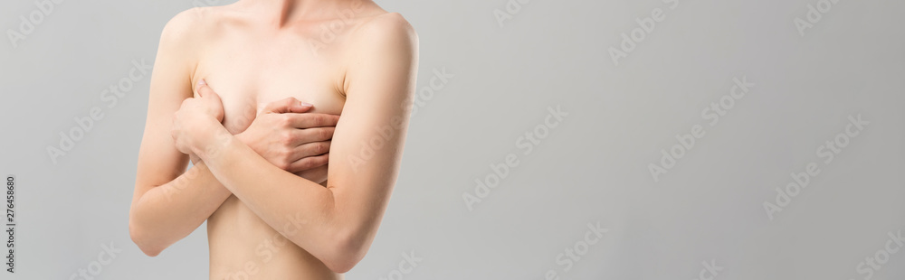 panoramic shot of naked young woman covering breast isolated on grey