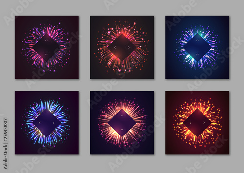 Festive commercial promo templates with copyspace. Realistic dazzling display of fireworks on dark background vector illustration. Holiday advertising campaign in distribution network with fireworks