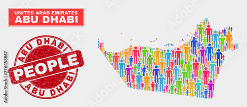 Demographic Abu Dhabi Emirate map abstraction. People colorful mosaic Abu Dhabi Emirate map of guys, and red rounded unclean watermark. Vector composition for national group report.