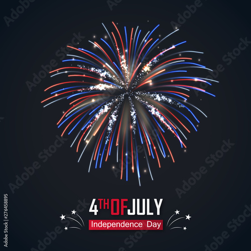 Happy independence day 4th of July. United states of America day greeting card with festive fireworks on dark blue background. National patriotic and political holiday poster vector illustration.