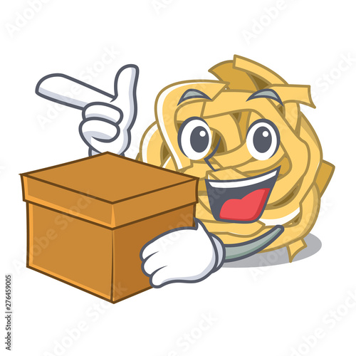 With box fettuccine is served on cartoon plate