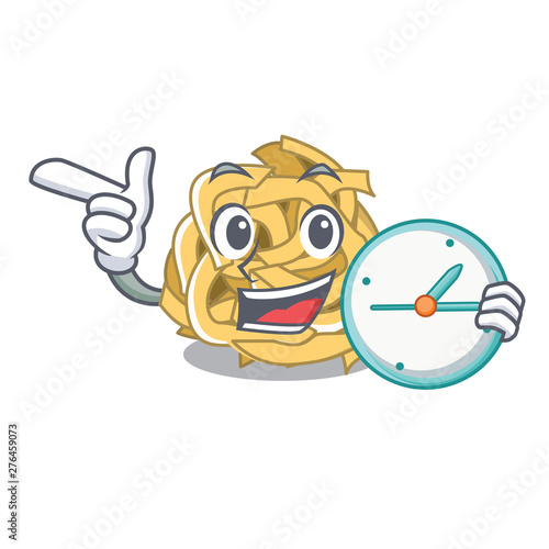 With clock fettuccine is served on cartoon plate