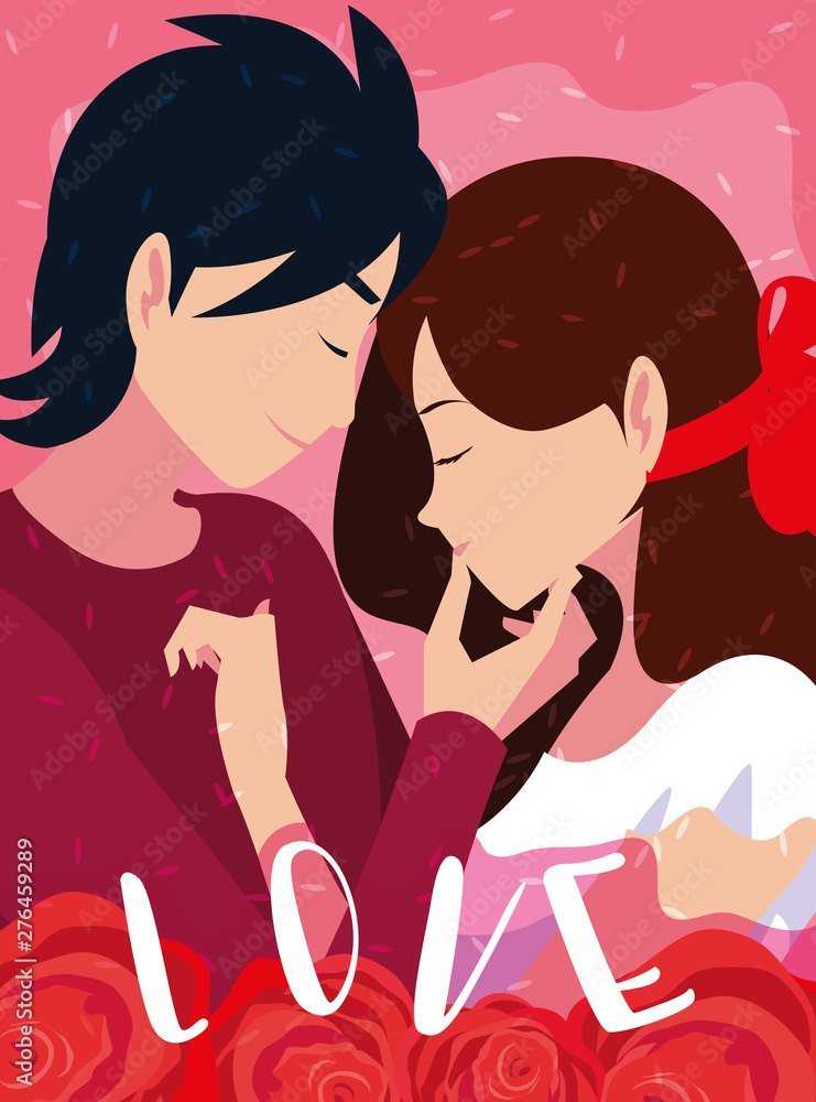 young couple in love poster with roses decoration young couple in love poster with roses decoration