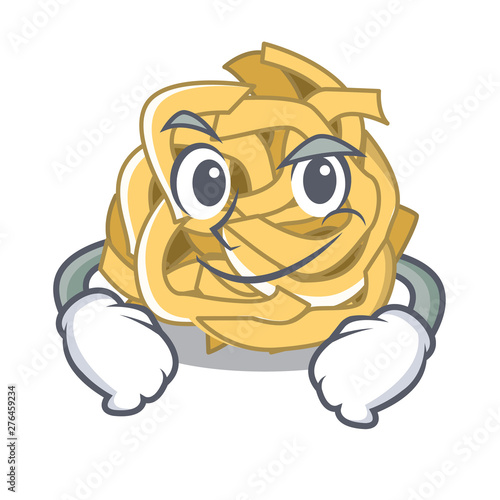 Smirking fettuccine is served on cartoon plate