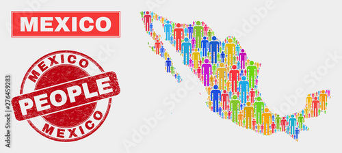 Demographic Mexico map illustration. People colorful mosaic Mexico map of guys, and red round rubber stamp seal. Vector combination for population audience presentation.