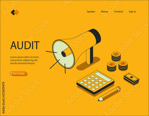 Isometric image on a blue background audit. Visualization of the speaker, notification of the amount of money, a calculator with a pencil, counting money. Vector illustration.