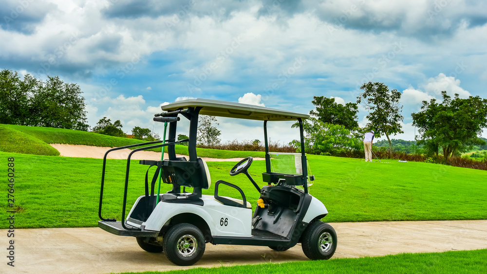 A golf cart parking in golf course