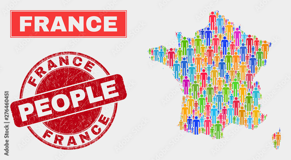 Demographic France map illustration. People bright mosaic France map of guys, and red round unclean stamp. Vector combination for nation community plan. Demographic France map illustration. People bright mosaic France map of guys, and red round unclean stamp. Vector combination for nation community plan.