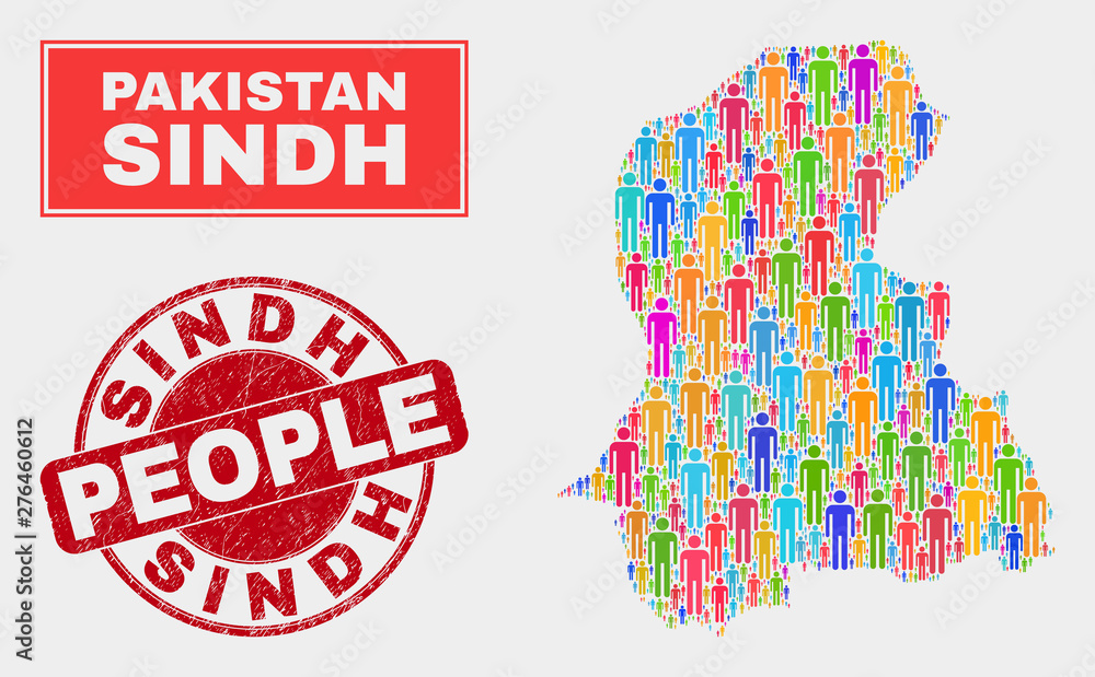 Demographic Sindh Province map illustration. People color mosaic Sindh