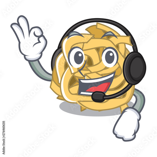 With headphone fettuccine is put on cartoon board