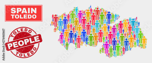 Demographic Toledo Province map abstraction. People bright mosaic Toledo Province map of humans, and red round grunge stamp seal. Vector collage for population public representation.