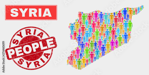 Demographic Syria map abstraction. People bright mosaic Syria map of humans, and red round unclean seal. Vector collage for national community representation.