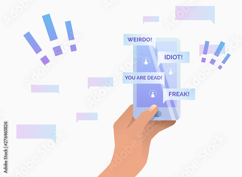 Hand holding smartphone and insulting messages on screen