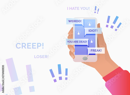 Hand holding smartphone with insulting messages on screen