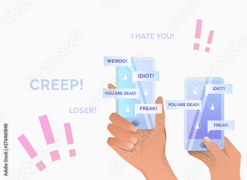 Hands holding smartphone with insulting messages on screen