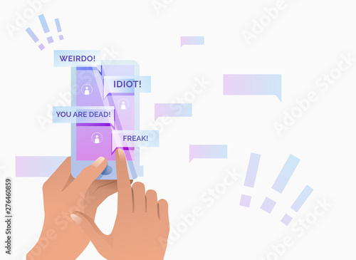 Hands using smartphone with insulting messages on screen