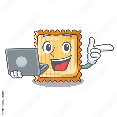 With laptop lasagne is put on character pan