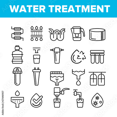 Water Treatment Vector Thin Line Icons Set. Water Treatment, Professional Equipment for Purification Linear Pictograms. Antibacterial Filters, Liquid Cleaning Circles System Contour Illustrations