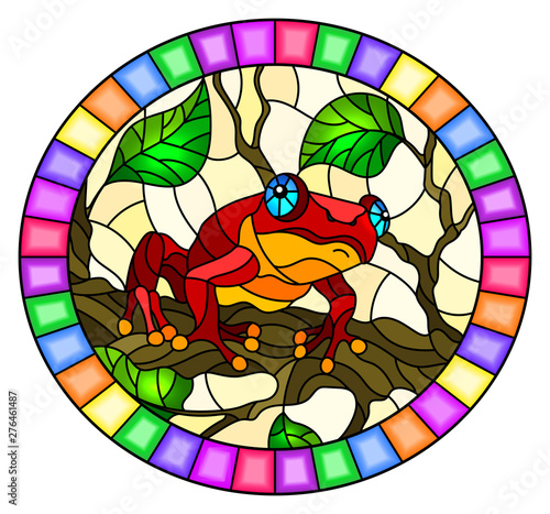 Illustration in stained glass style with bright red frog on plant branches background with leaves  on yellow background, round image in bright frame