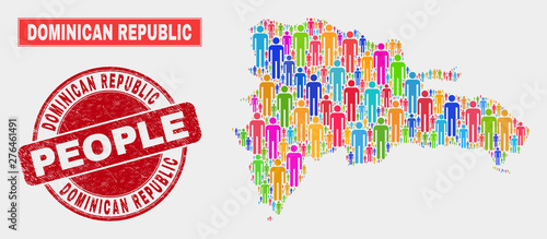 Demographic Dominican Republic map illustration. People bright mosaic Dominican Republic map of persons, and red rounded rubber seal. Vector composition for nation community report.