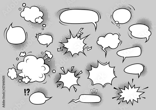 Speech bubbles set. Cartoon blank comic bubbles with halftone shadows. Communication concept. Vector illustrations can be used for surprise messages, announcement, advertising