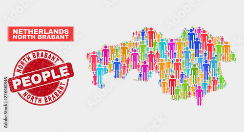 Demographic North Brabant Province map abstraction. People colorful mosaic North Brabant Province map of persons, and red round dirty watermark. Vector collage for population public plan.