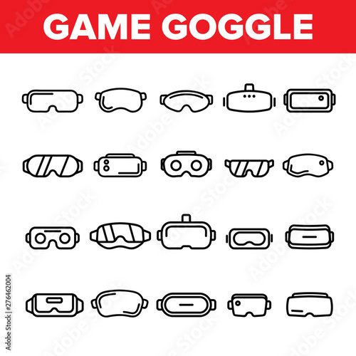 Game Goggles Vector Thin Line Icons Set. Game Goggles for Indoor, Outdoor Activities Linear Pictograms. VR Headsets, Scuba Diving Equipment, Protective Skiing Glasses Contour Illustrations