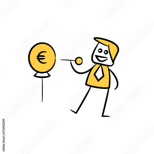 businessman using pin to puncture money balloon, yellow character doodle design