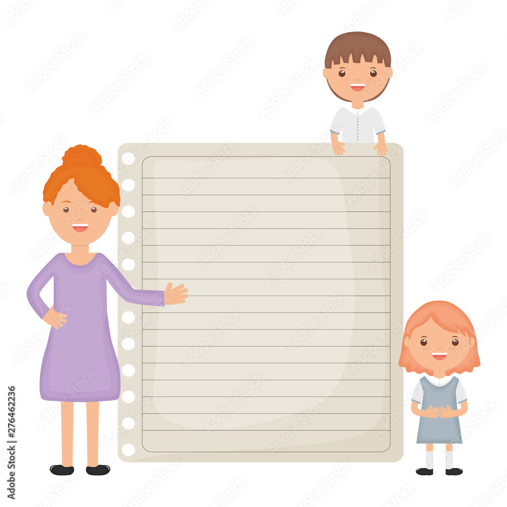 cute little students couple with female teacher and sheet cute little students couple with female teacher and sheet