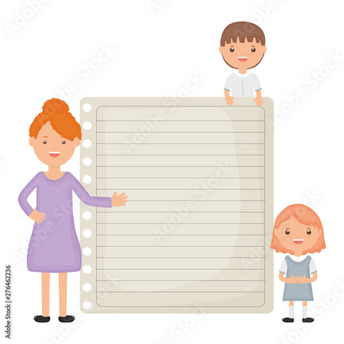 cute little students couple with female teacher and sheet