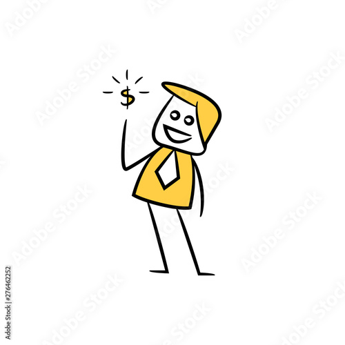 businessman showing dollar, yellow character doodle design