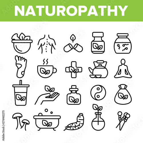 Naturopathy Therapy Vector Thin Line Icons Set. Naturopathy, Homeopathic Medication Linear Pictograms. Natural Ingredients, Feet Massage, Yoga, Acupuncture, Alternative Medicine Contour Illustrations