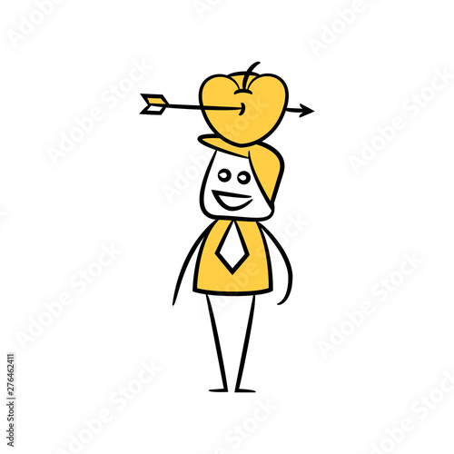 businessman and apple arrow on top of his head, yellow character doodle design