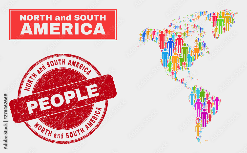 Demographic South and North America map illustration. People colorful mosaic South and North America map of guys, and red round rubber stamp. Vector collage for national group plan. Demographic South and North America map illustration. People colorful mosaic South and North America map of guys, and red round rubber stamp. Vector collage for national group plan.