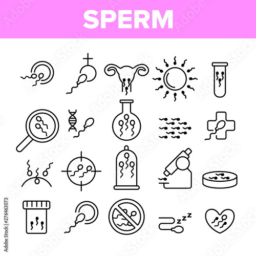 Sperm Cells Vector Thin Line Icons Set. Sperm, Spermatozoa, Male Semen Laboratory Analysis Linear Pictograms. Reproduction, Insemination, Fertilization, Pregnancy Prevention Contour Illustrations