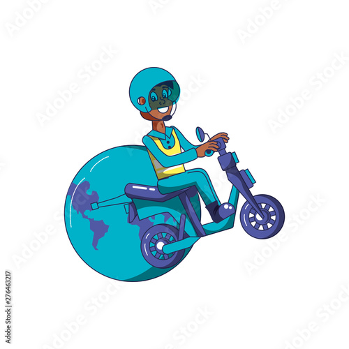 worker delivery service in motorcycle with planet earth
