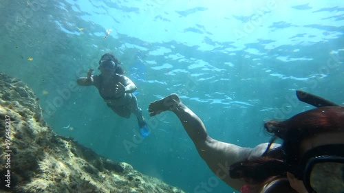 Wallpaper Mural Friends swimming underwater with goggles in the blue ocean in malta, filming their fun travel memory with a gopro. Torontodigital.ca