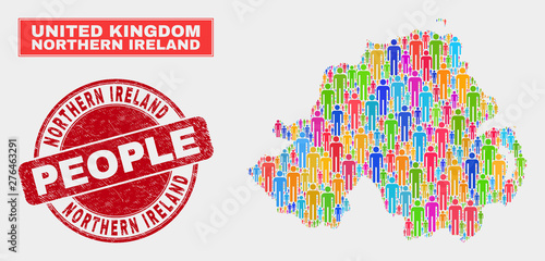 Demographic Northern Ireland map abstraction. People colorful mosaic Northern Ireland map of men, and red rounded corroded stamp. Vector collage for national audience presentation.