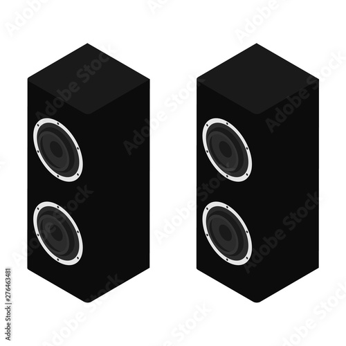 Black acoustic speakers, loudspeakers isolated on white background isometric view