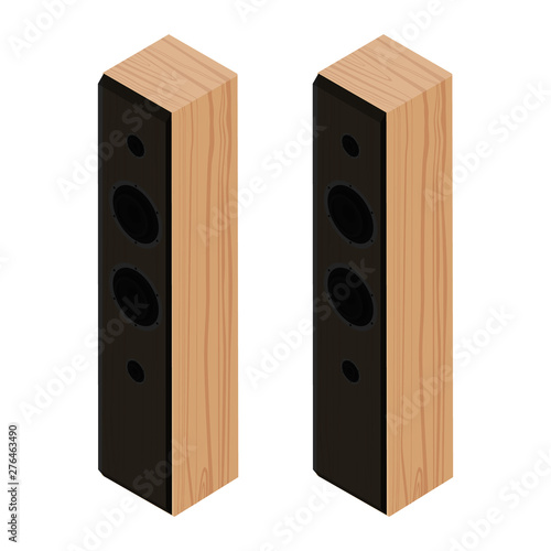 Black acoustic speakers, loudspeakers isolated on white background isometric view