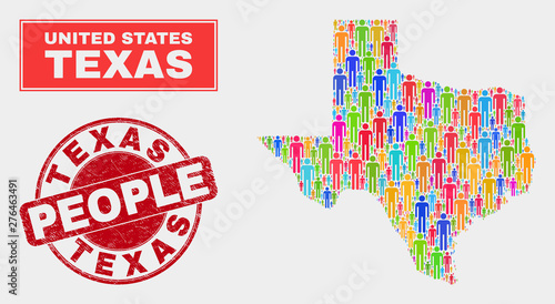 Demographic Texas State map illustration. People colorful mosaic Texas State map of men, and red rounded grunge watermark. Vector collage for national audience presentation.