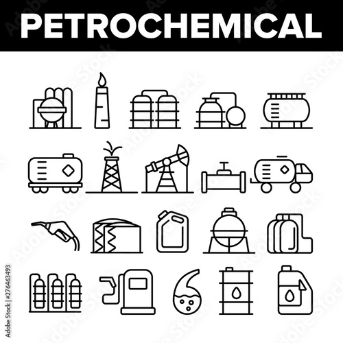 Petrochemical Industry Vector Thin Line Icons Set. Petrochemical Product, Oil, Petroleum Production Linear Pictograms. Oil-derrick, Gas Station, Petrol Storage and Transportation Contour Illustrations