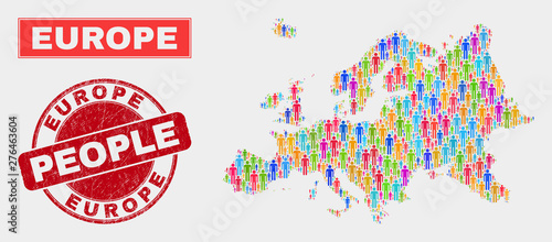 Demographic Europe map illustration. People bright mosaic Europe map of humans, and red round textured stamp. Vector composition for population audience plan.