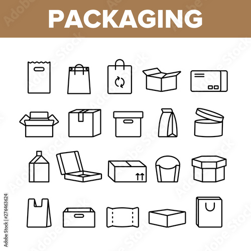Packaging Types Vector Thin Line Icons Set. Packaging Boxes, Shopping Bags. Cardboard, Paper, Recyclable Containers Linear Pictograms. Pizza, Fast Food, Takeaway Packaging Contour Illustrations