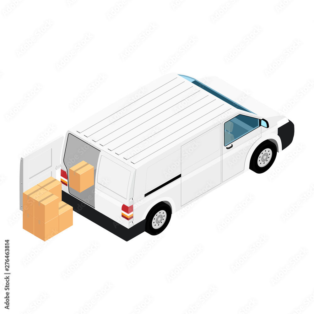 White minivan cargo delivery van deliver cardboard boxes White minivan cargo delivery van deliver cardboard boxes