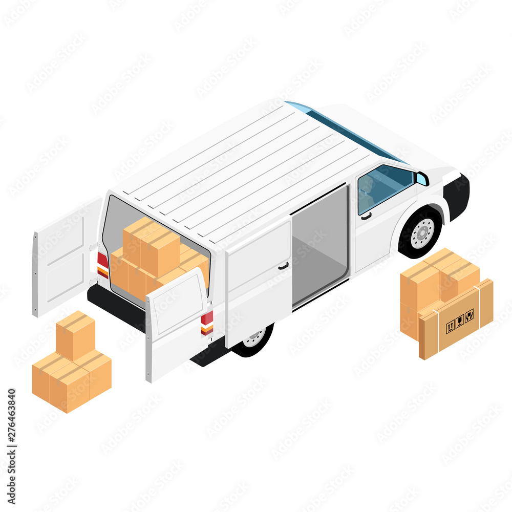 White minivan cargo delivery van deliver cardboard boxes White minivan cargo delivery van deliver cardboard boxes