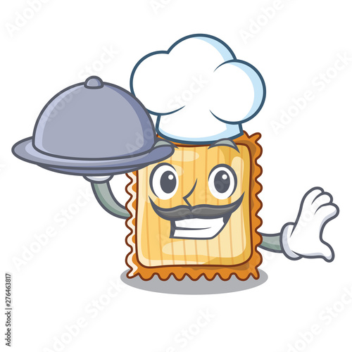 Chef with food lasagne is cooked in mascot oven